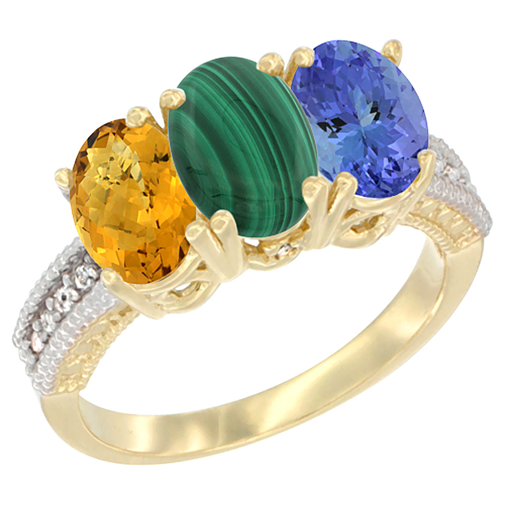 14K Yellow Gold Natural Whisky Quartz, Malachite Ring with Tanzanite Ring 3-Stone 7x5 mm Oval Diamond Accent, sizes 5 - 10