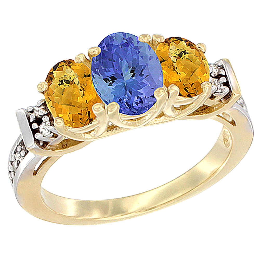 10K Yellow Gold Natural Tanzanite & Whisky Quartz Ring 3-Stone Oval Diamond Accent