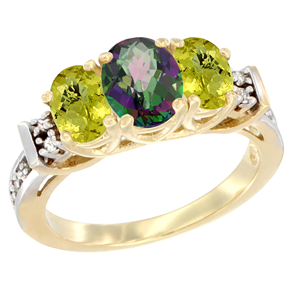 10K Yellow Gold Natural Mystic Topaz & Lemon Quartz Ring 3-Stone Oval Diamond Accent