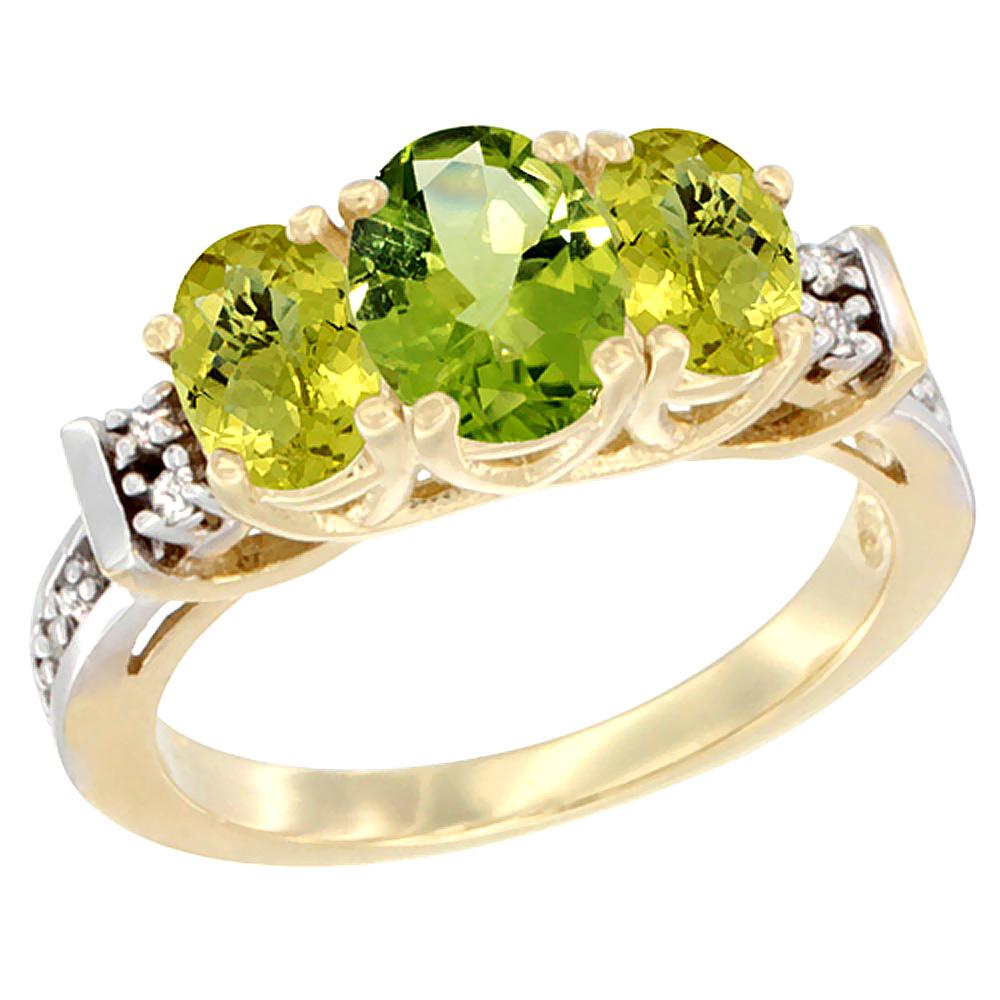 10K Yellow Gold Natural Peridot & Lemon Quartz Ring 3-Stone Oval Diamond Accent