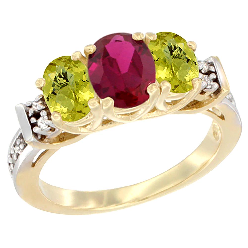 14K Yellow Gold Natural High Quality Ruby & Lemon Quartz Ring 3-Stone Oval Diamond Accent