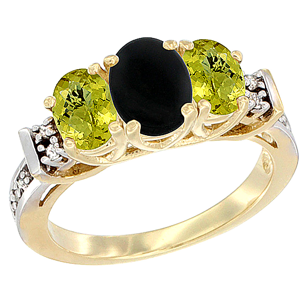 10K Yellow Gold Natural Black Onyx & Lemon Quartz Ring 3-Stone Oval Diamond Accent