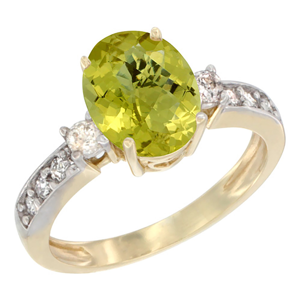 10K White Gold Natural Lemon Quartz Ring Oval 9x7 mm Diamond Accent, sizes 5 - 10