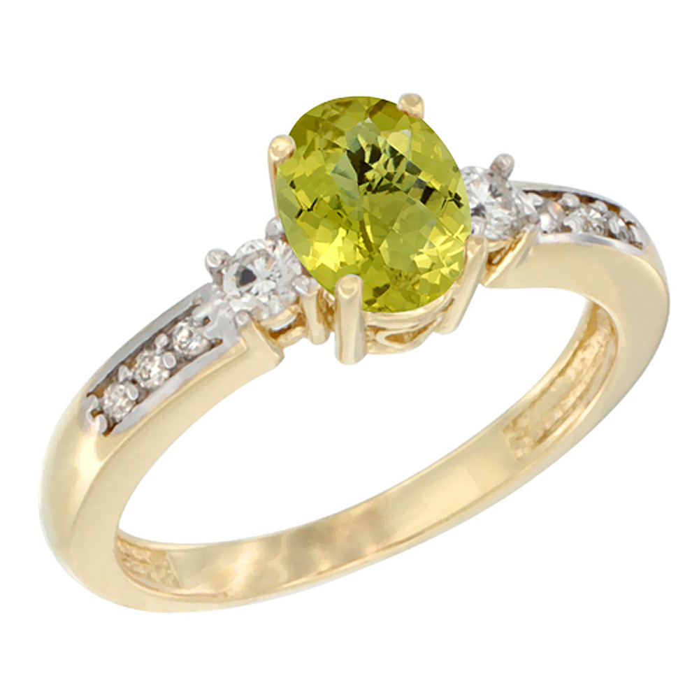 14K White Gold Diamond Natural Lemon Quartz Engagement Ring Oval 7x5 mm, sizes 5 - 10