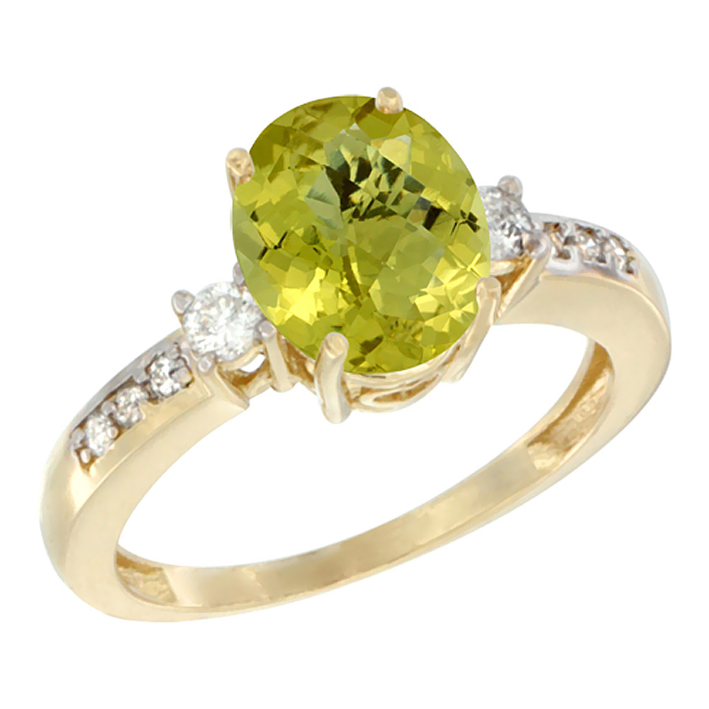 14K Yellow Gold Natural Lemon Quartz Ring Oval 9x7 mm Diamond Accent, sizes 5 - 10