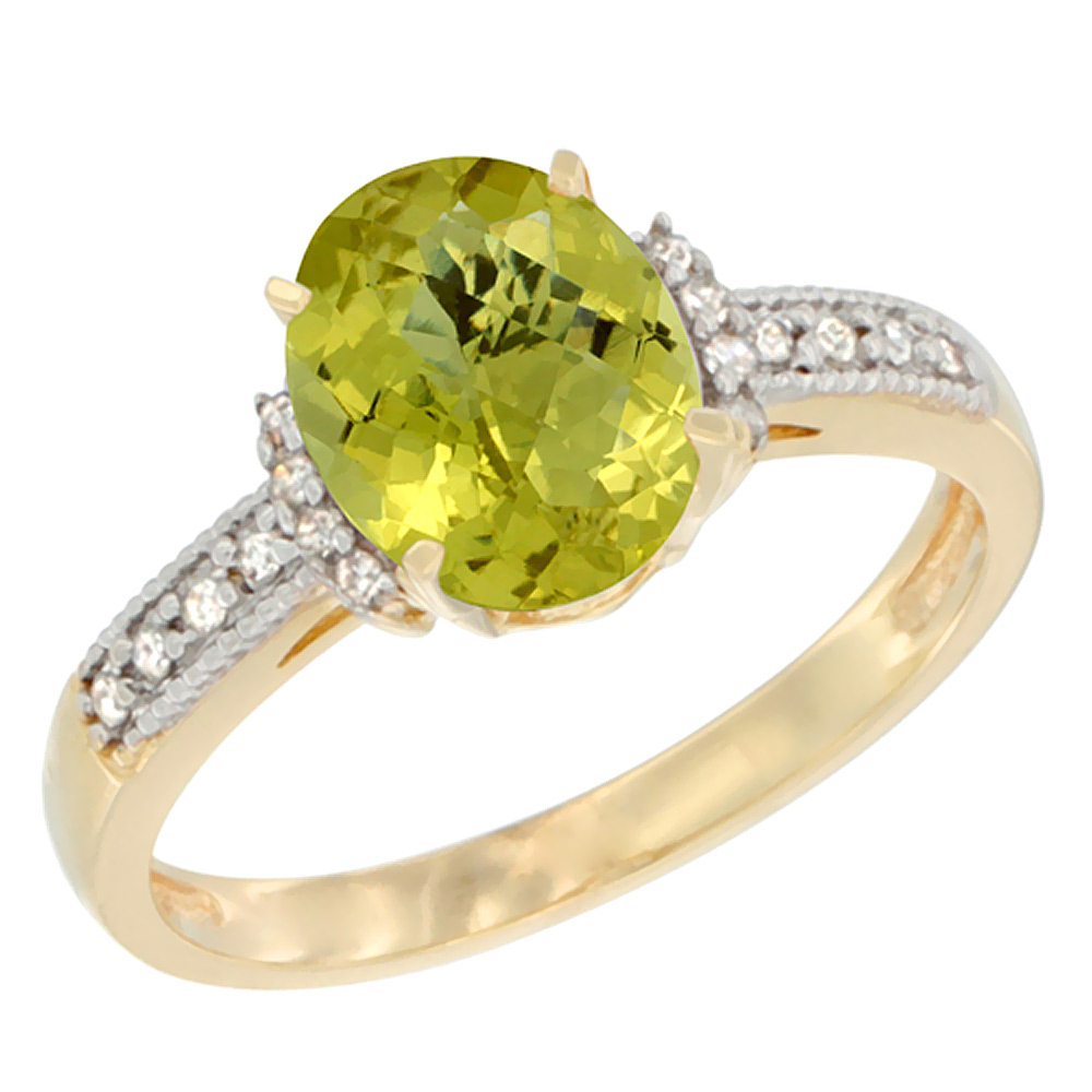 14K Yellow Gold Natural Lemon Quartz Ring Oval 9x7 mm Diamond Accent, sizes 5 - 10