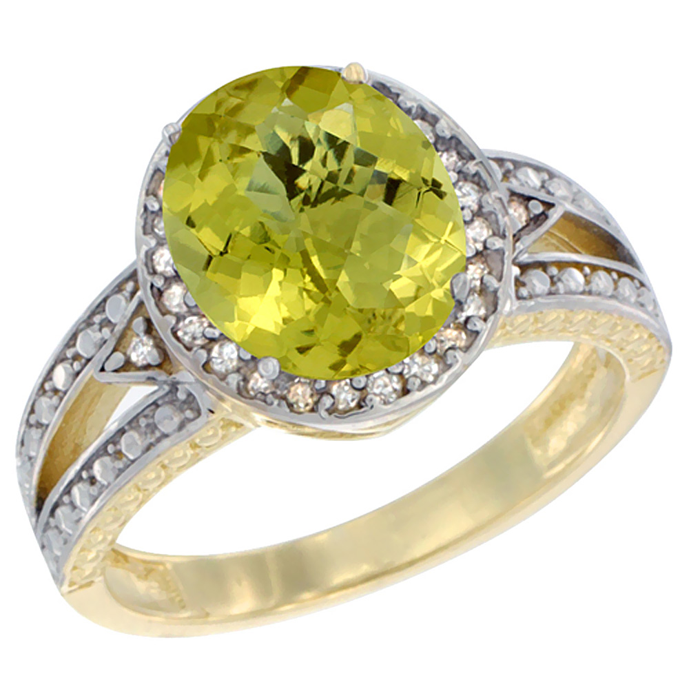 14K Yellow Gold Natural Lemon Quartz Ring Oval 9x7 mm Diamond Halo, sizes 5 - 10