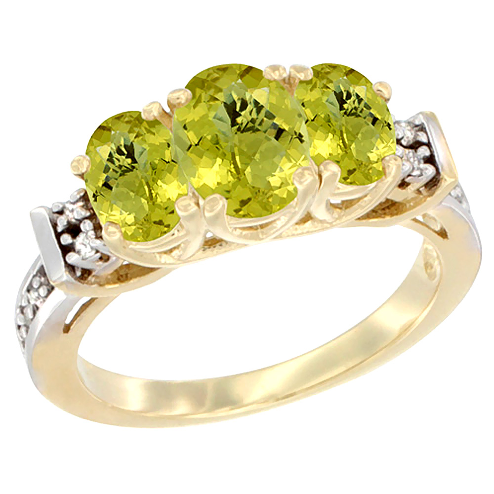 10K Yellow Gold Natural Lemon Quartz Ring 3-Stone Oval Diamond Accent