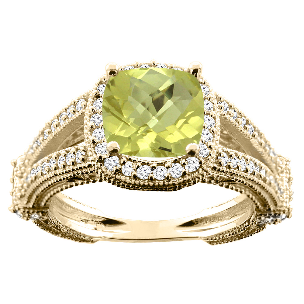 10K White/Yellow/Rose Gold Natural Lemon Quartz Quartz Cushion 8x8mm Diamond Accent 3/8 inch wide, sizes 5 - 10