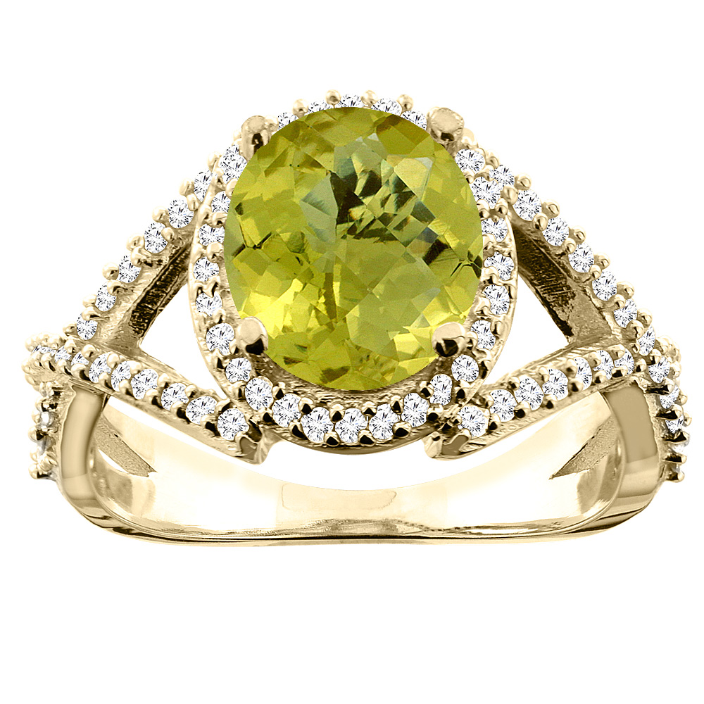 10K Yellow Gold Natural Lemon Quartz Ring Oval 9x7mm Diamond Accent, size 5