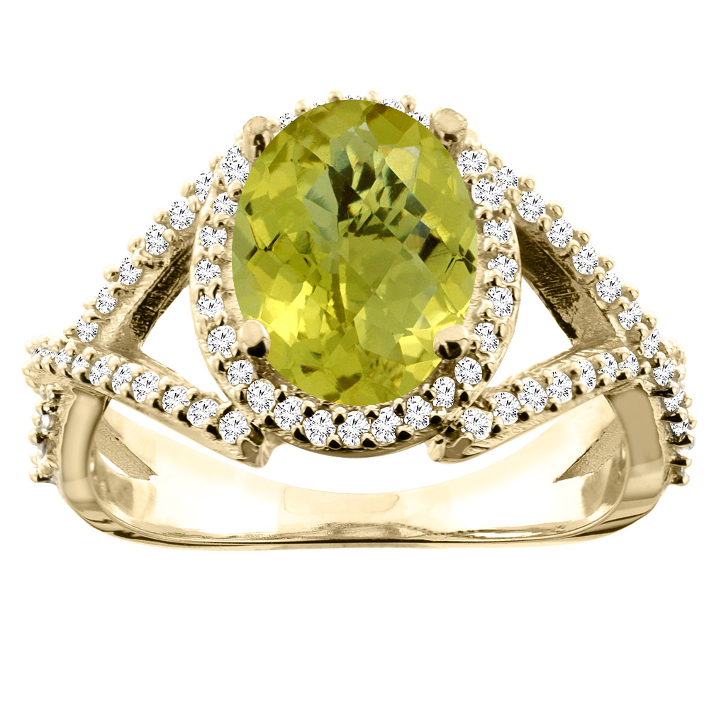 10K White/Yellow/Rose Gold Natural Lemon Quartz Ring Oval 10x8mm Diamond Accent, sizes 5 - 10