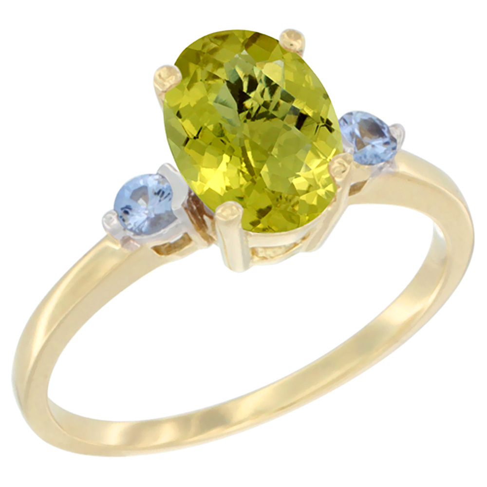 10K Yellow Gold Natural Lemon Quartz Ring Oval 9x7 mm Light Blue Sapphire Accent, sizes 5 to 10