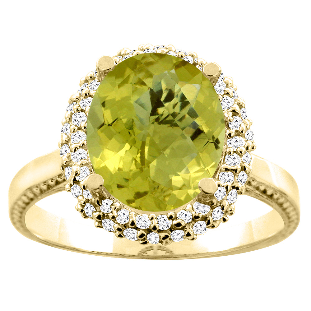 10K White/Yellow Gold Natural Lemon Quartz Double Halo Ring Oval 10x8mm Diamond Accent, sizes 5 - 10