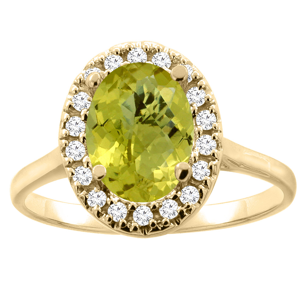 10K Gold Natural Lemon Quartz Halo Ring Oval 9x7mm Diamond Accent, sizes 5 - 10