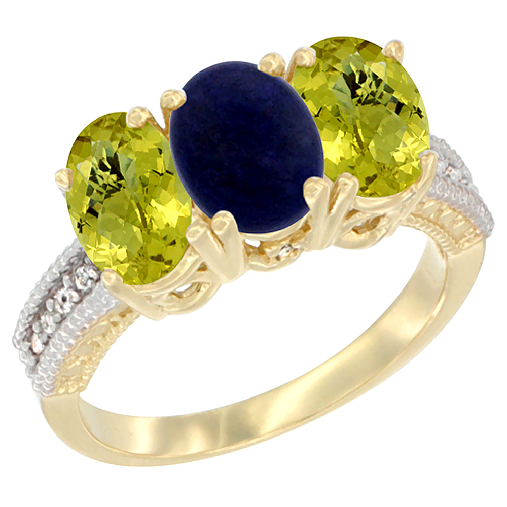 14K Yellow Gold Natural Lapis Ring with Lemon Quartz 3-Stone 7x5 mm Oval Diamond Accent, sizes 5 - 10
