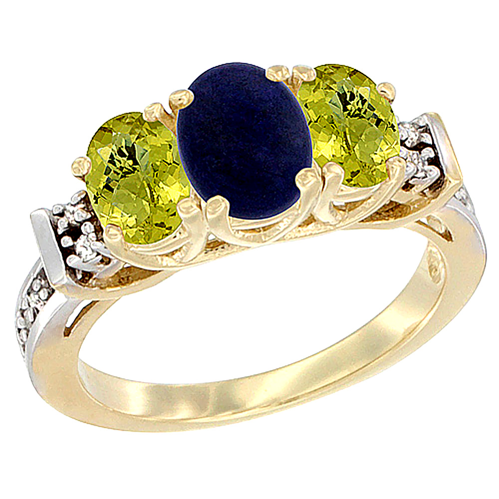 14K Yellow Gold Natural Lapis & Lemon Quartz Ring 3-Stone Oval Diamond Accent