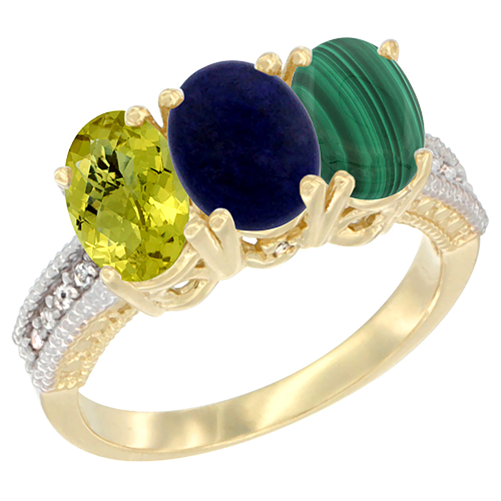 14K Yellow Gold Natural Lemon Quartz, Lapis Ring with Malachite Ring 3-Stone 7x5 mm Oval Diamond Accent, sizes 5 - 10