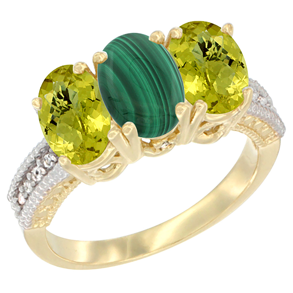 14K Yellow Gold Natural Malachite Ring with Lemon Quartz 3-Stone 7x5 mm Oval Diamond Accent, sizes 5 - 10