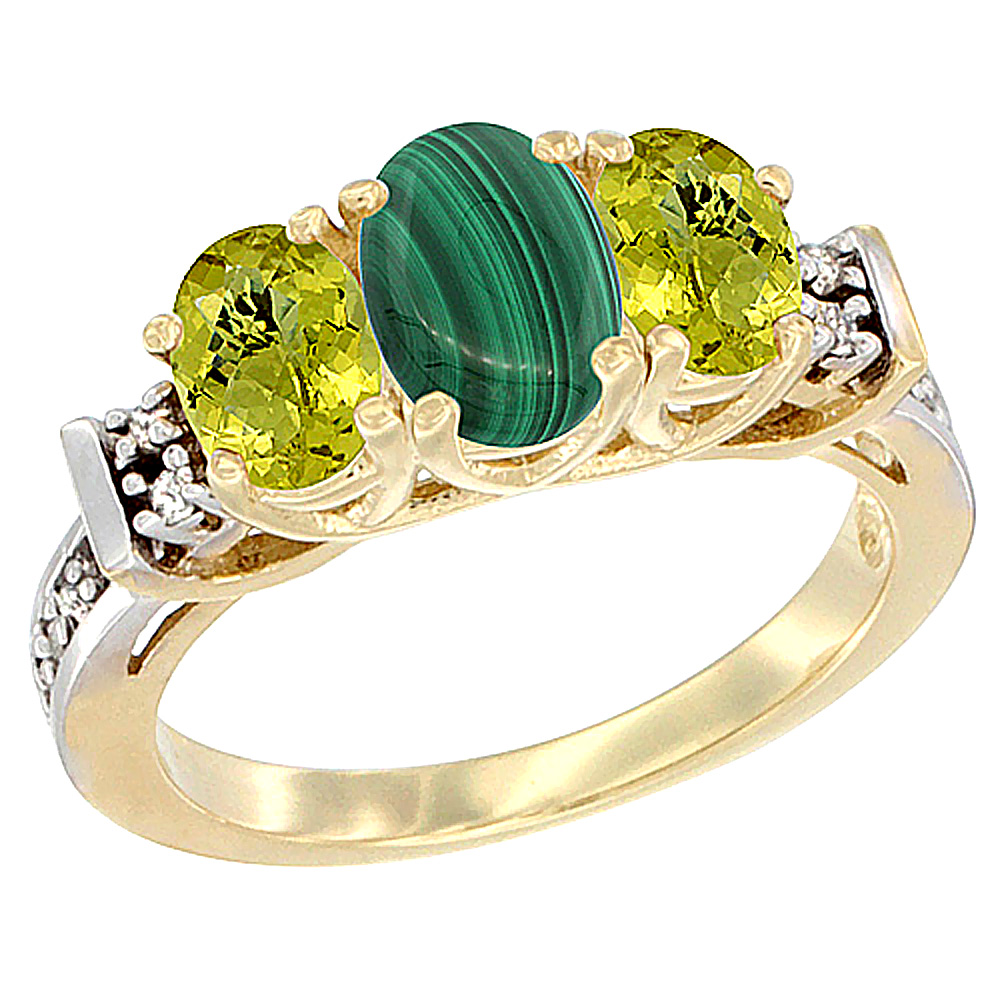 14K Yellow Gold Natural Malachite & Lemon Quartz Ring 3-Stone Oval Diamond Accent