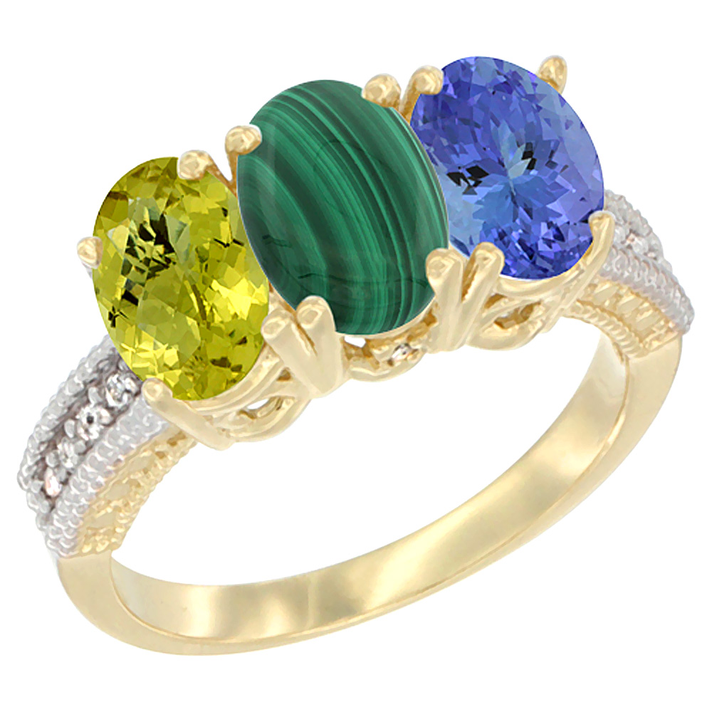 14K Yellow Gold Natural Lemon Quartz, Malachite Ring with Tanzanite Ring 3-Stone 7x5 mm Oval Diamond Accent, sizes 5 - 10