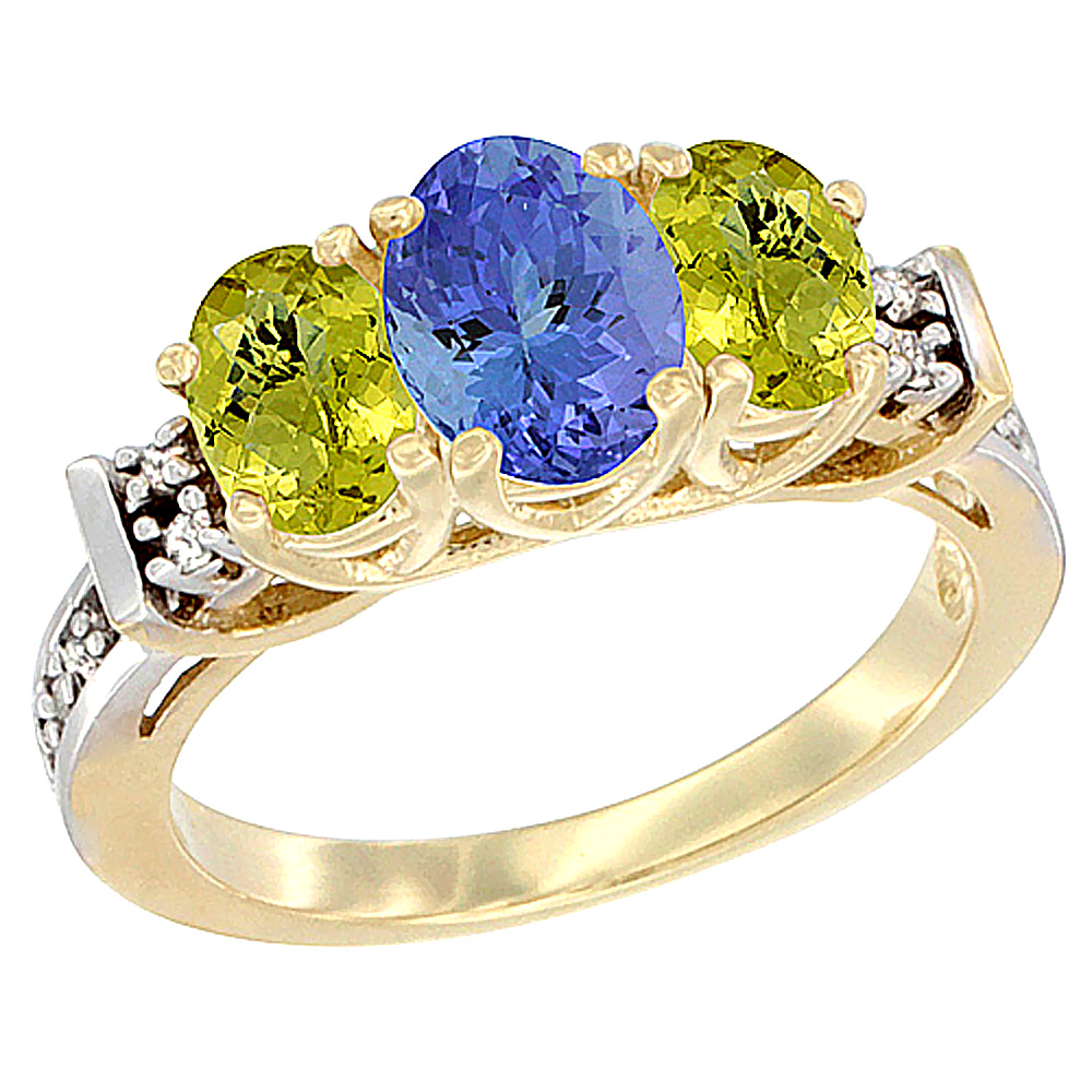 10K Yellow Gold Natural Tanzanite & Lemon Quartz Ring 3-Stone Oval Diamond Accent