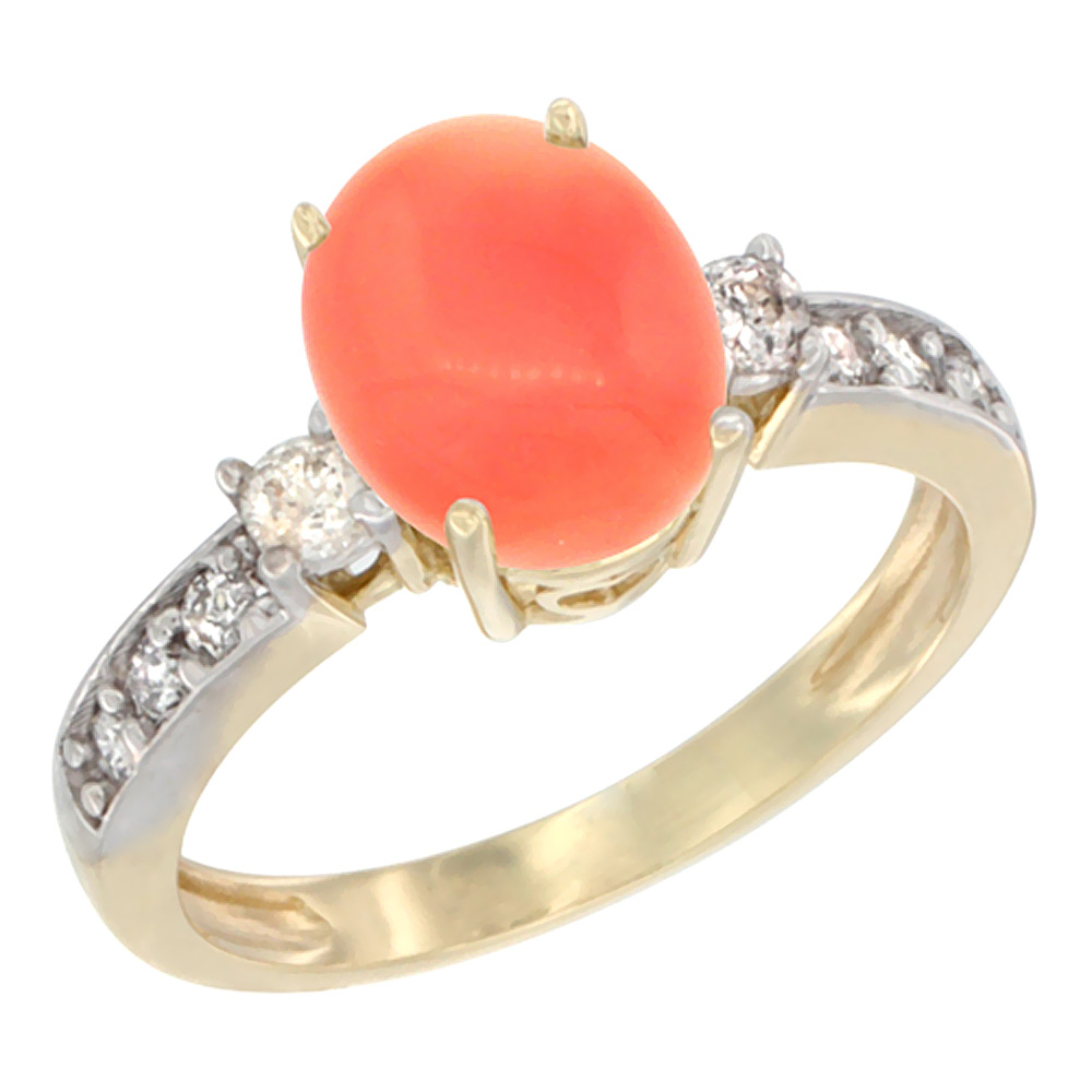 10K White Gold Natural Coral Ring Oval 9x7 mm Diamond Accent, sizes 5 - 10