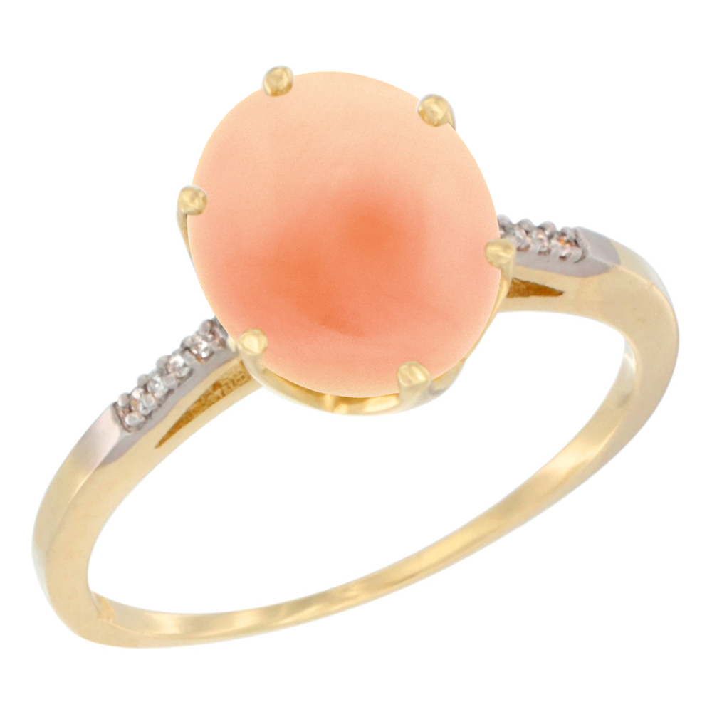 10K Yellow Gold Natural Coral Engagement Ring 10x8 mm Oval, sizes 5 - 10
