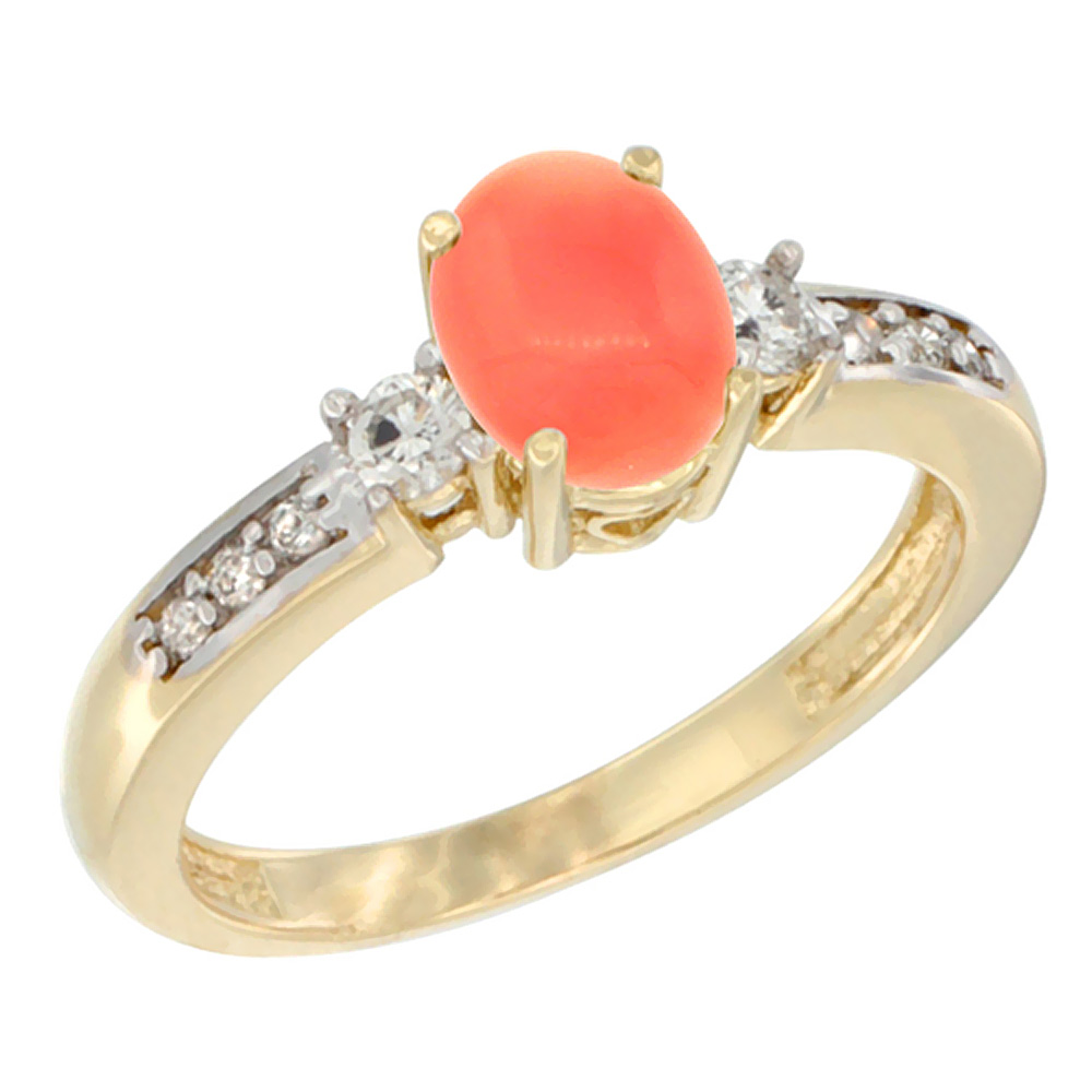 10K White Gold Diamond Natural Coral Engagement Ring Oval 7x5 mm, sizes 5 - 10