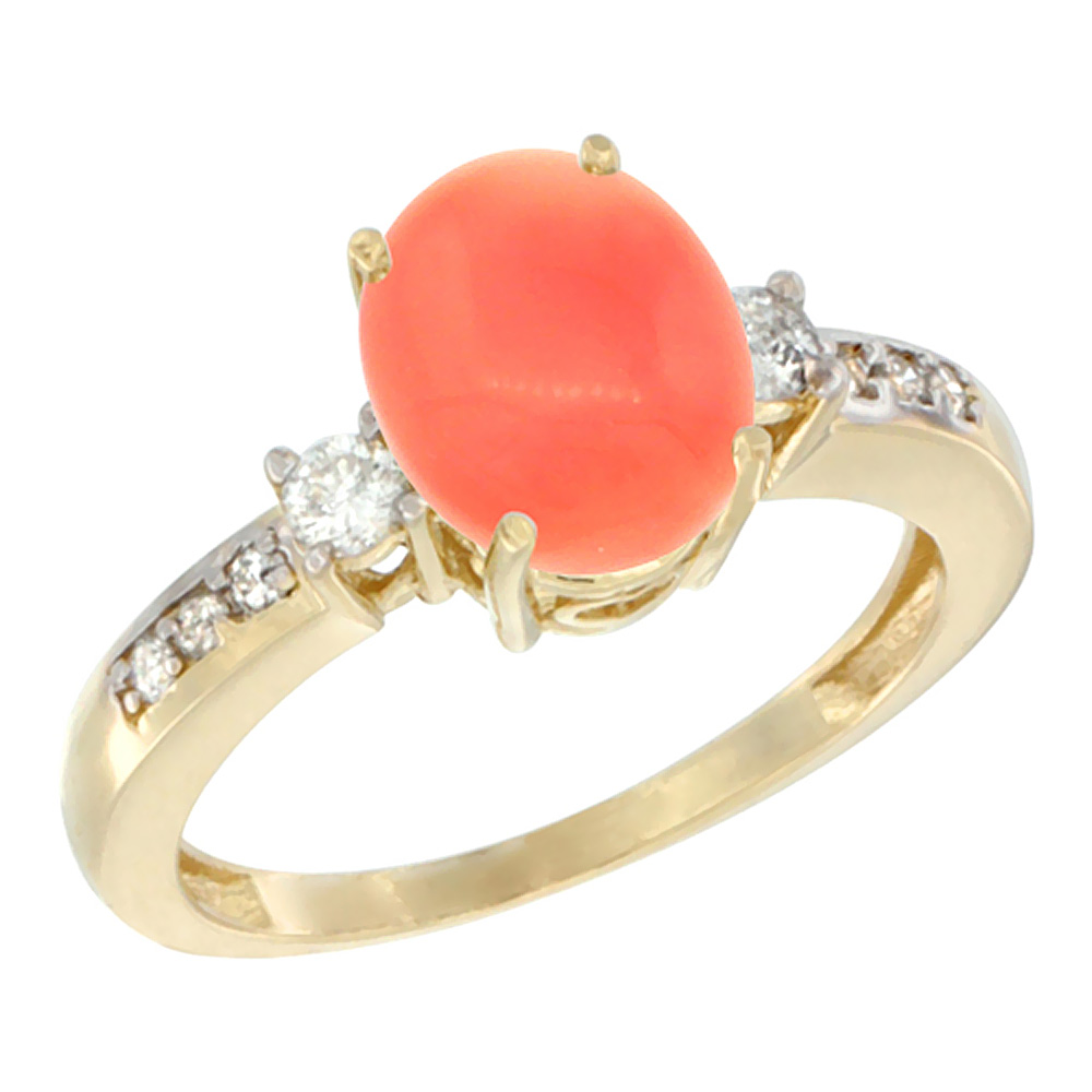 10k Yellow Gold Natural Coral Ring Oval 9x7 mm Diamond Accent, sizes 5 - 10
