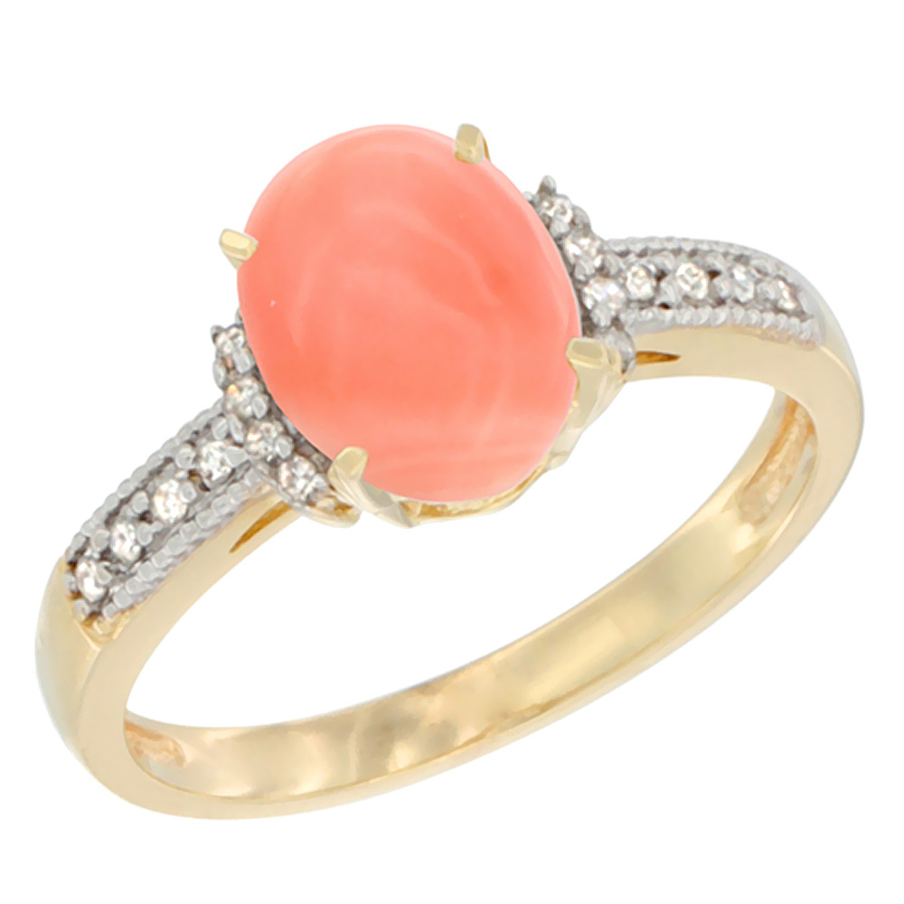 10K Yellow Gold Natural Coral Ring Oval 9x7 mm Diamond Accent, sizes 5 - 10
