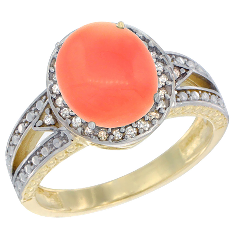 10k Yellow Gold Natural Coral Ring Oval 9x7 mm Diamond Halo, sizes 5 - 10