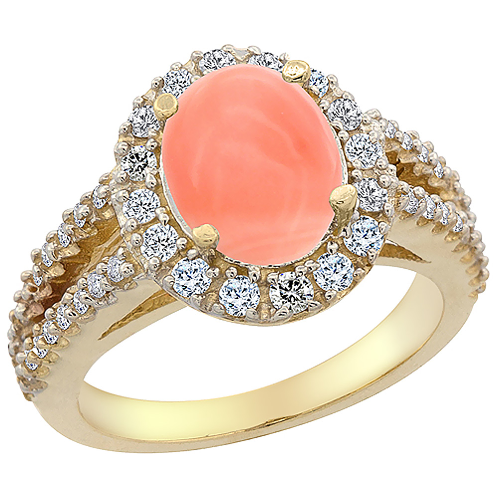14K Yellow Gold Diamond Natural Coral Engagement Ring Oval 10x8mm, sizes 5-10
