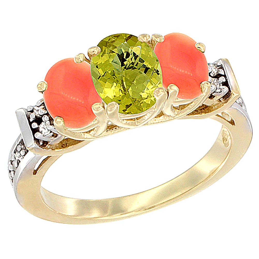 10K Yellow Gold Natural Lemon Quartz & Coral Ring 3-Stone Oval Diamond Accent