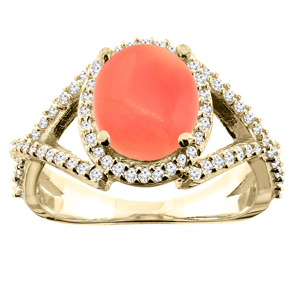 14K Yellow Gold Natural Coral Ring Oval 9x7mm Diamond Accent, size 5