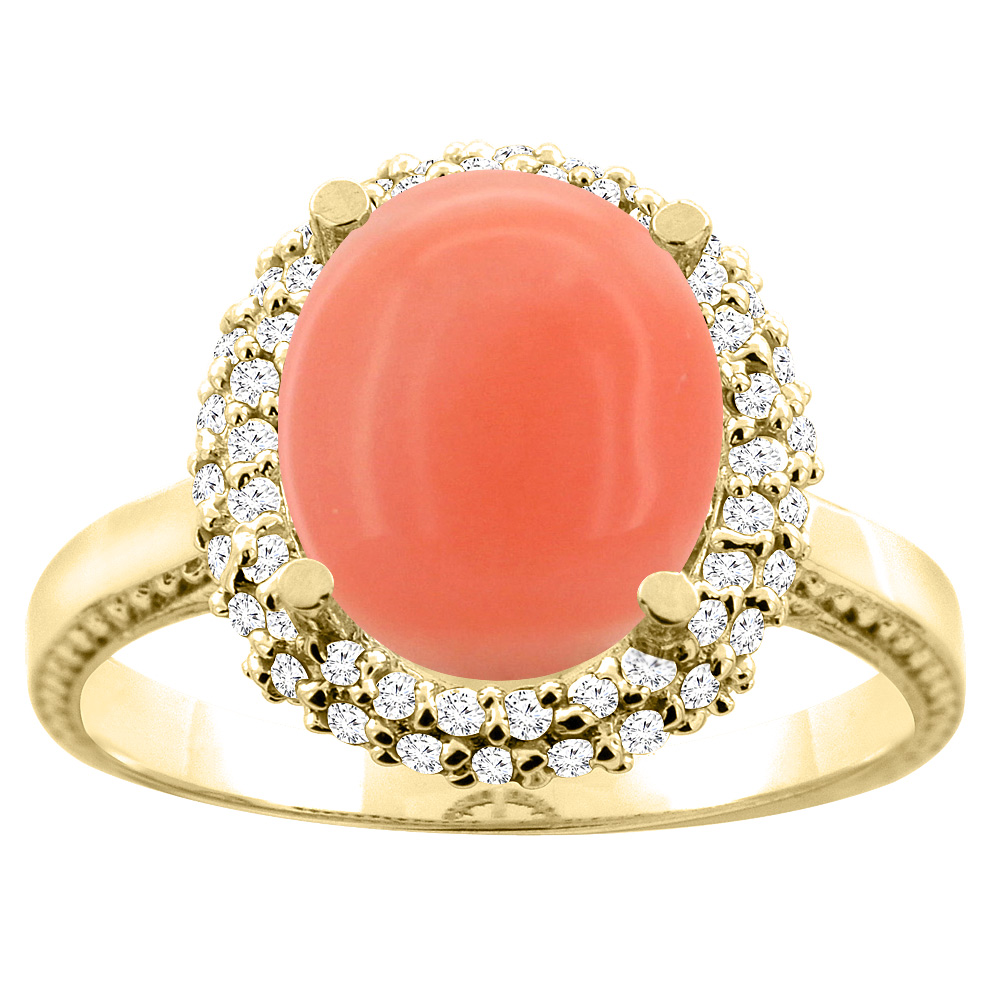 14K White/Yellow Gold Natural Coral Double Halo Ring Oval 10x8mm Diamond Accent, sizes 5 - 10