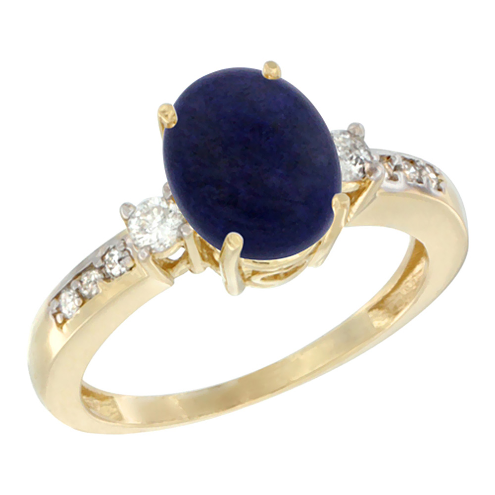 10k Yellow Gold Natural Lapis Ring Oval 9x7 mm Diamond Accent, sizes 5 - 10