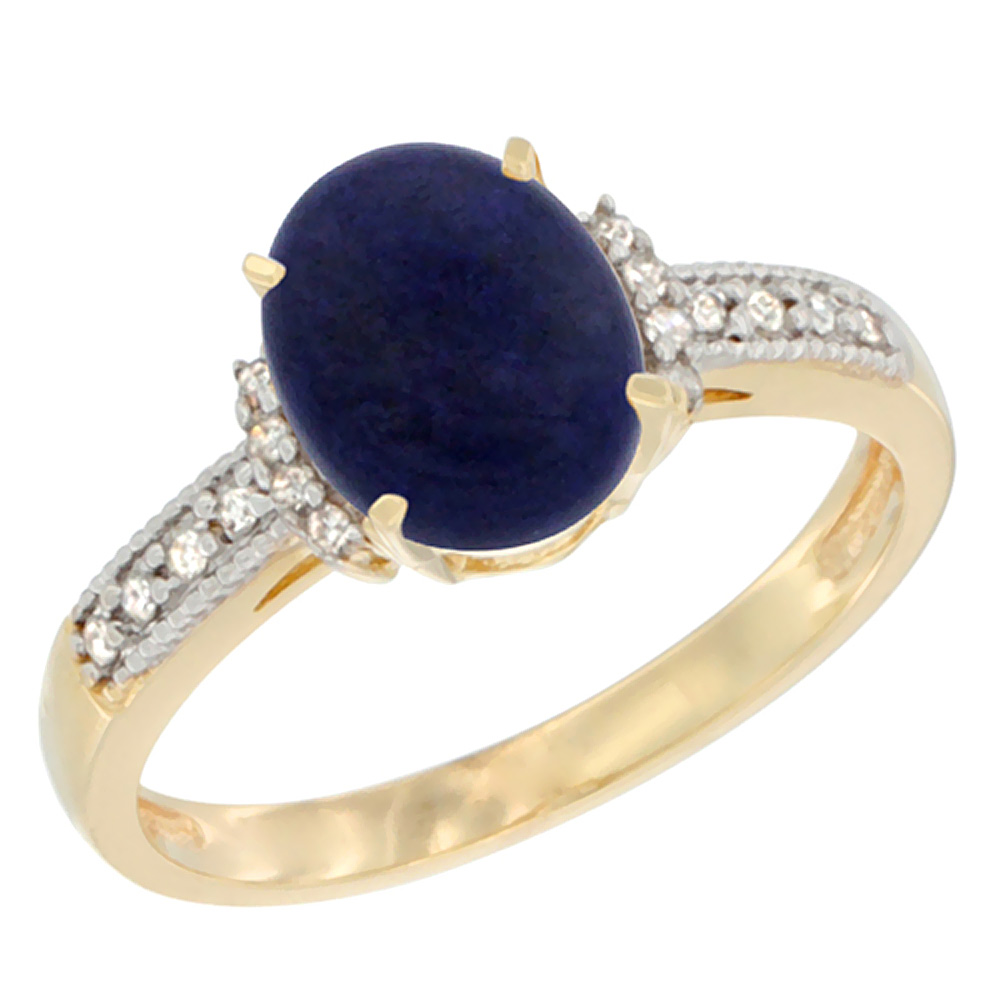 10K Yellow Gold Natural Lapis Ring Oval 9x7 mm Diamond Accent, sizes 5 - 10