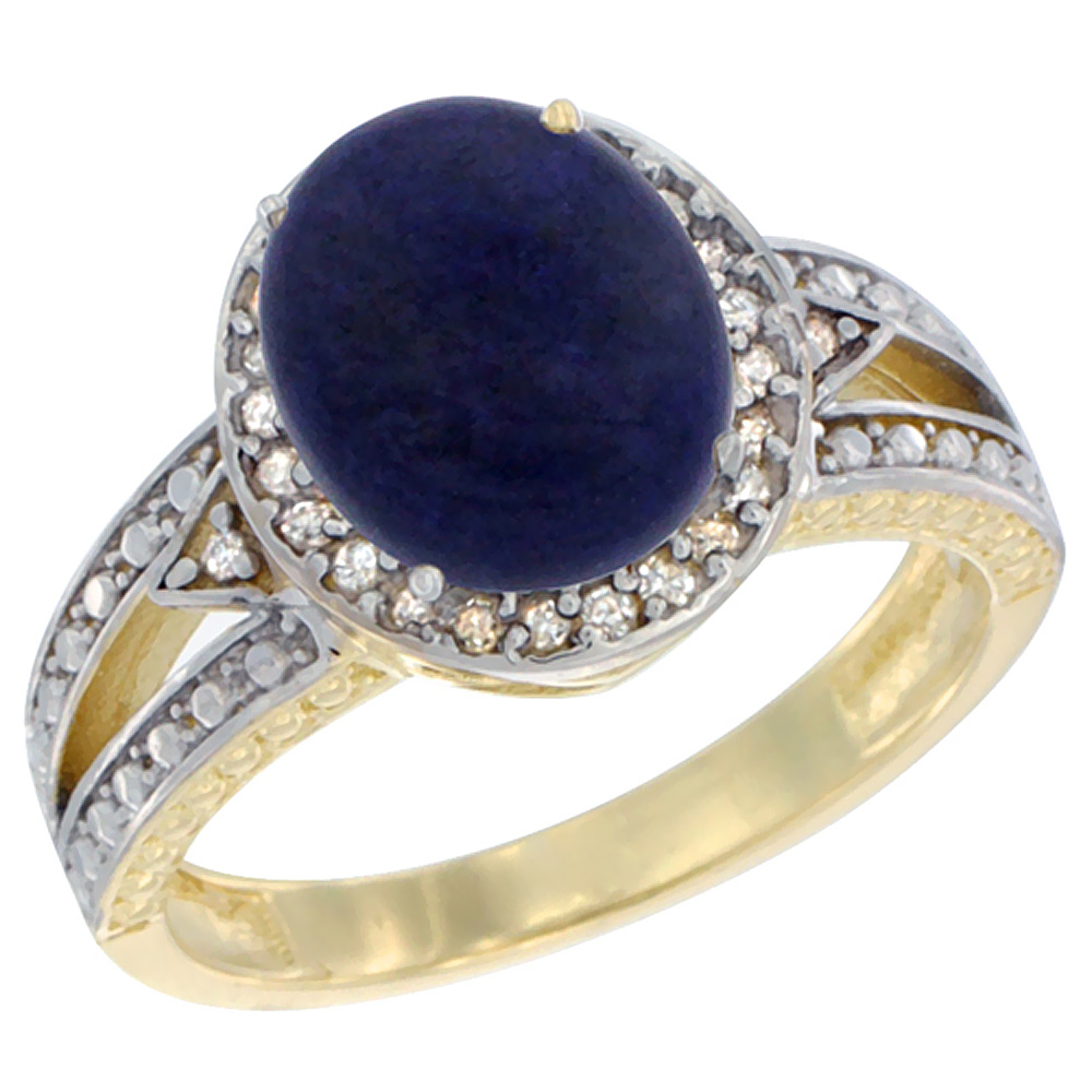 10k Yellow Gold Natural Lapis Ring Oval 9x7 mm Diamond Halo, sizes 5 - 10