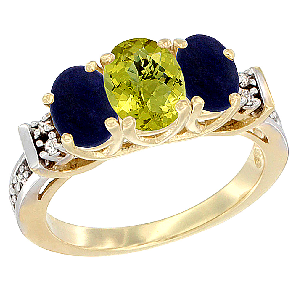 10K Yellow Gold Natural Lemon Quartz & Lapis Ring 3-Stone Oval Diamond Accent