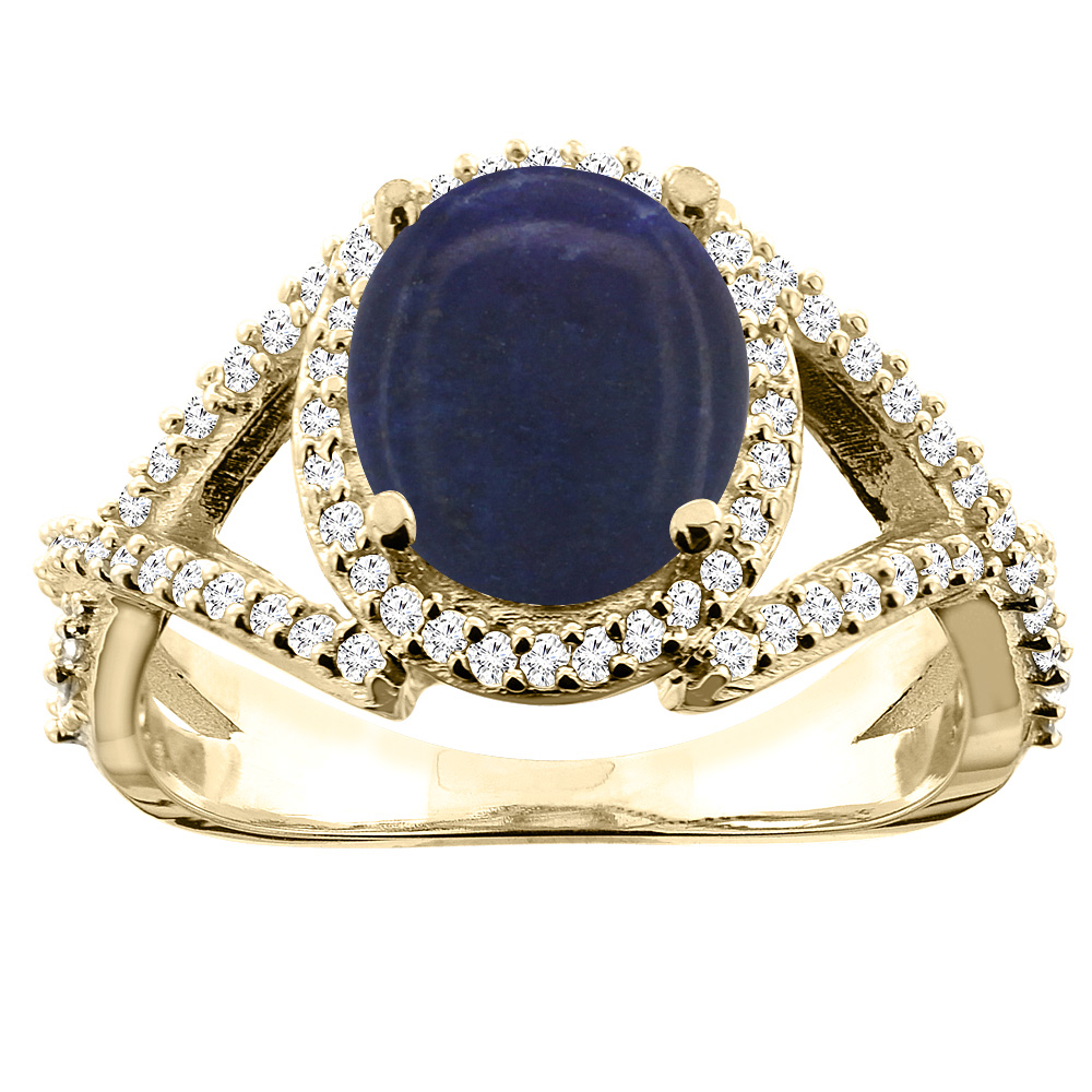 10K Yellow Gold Natural Lapis Ring Oval 9x7mm Diamond Accent, size 5
