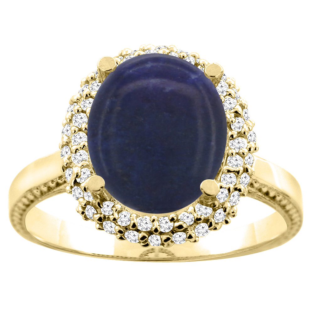 10K White/Yellow Gold Natural Lapis Double Halo Ring Oval 10x8mm Diamond Accent, sizes 5 - 10