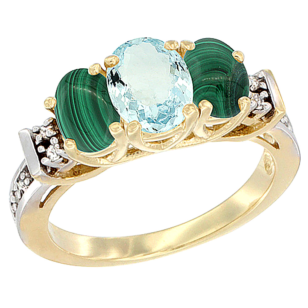 10K Yellow Gold Natural Aquamarine & Malachite Ring 3-Stone Oval Diamond Accent