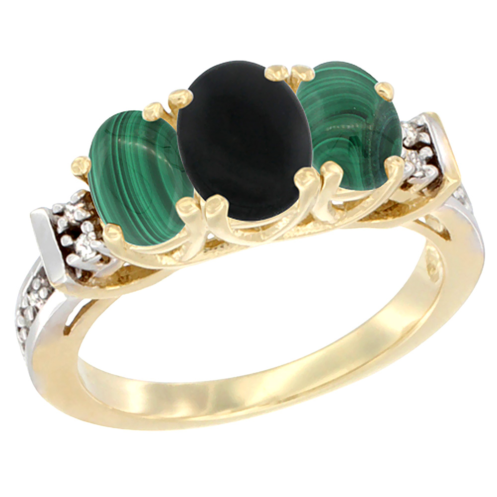 14K Yellow Gold Natural Black Onyx & Malachite Ring 3-Stone Oval Diamond Accent