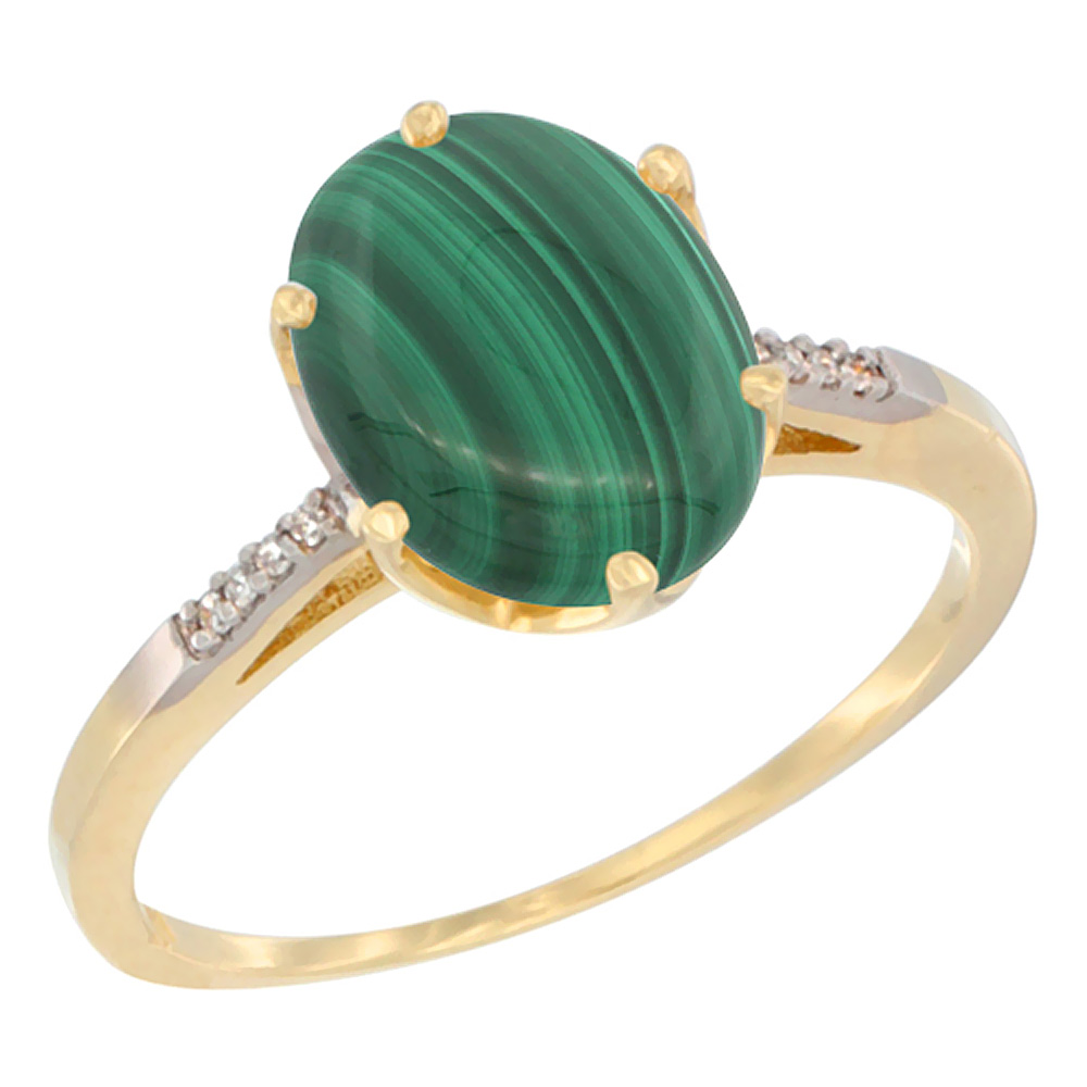 14K Yellow Gold Natural Malachite Engagement Ring 10x8 mm Oval, sizes 5 - 10