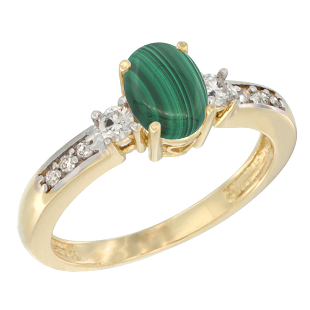 14K White Gold Diamond Natural Malachite Engagement Ring Oval 7x5 mm, sizes 5 - 10