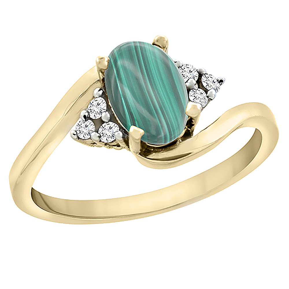 14K White Gold Diamond Natural Malachite Engagement Ring Oval 7x5mm, sizes 5 - 10