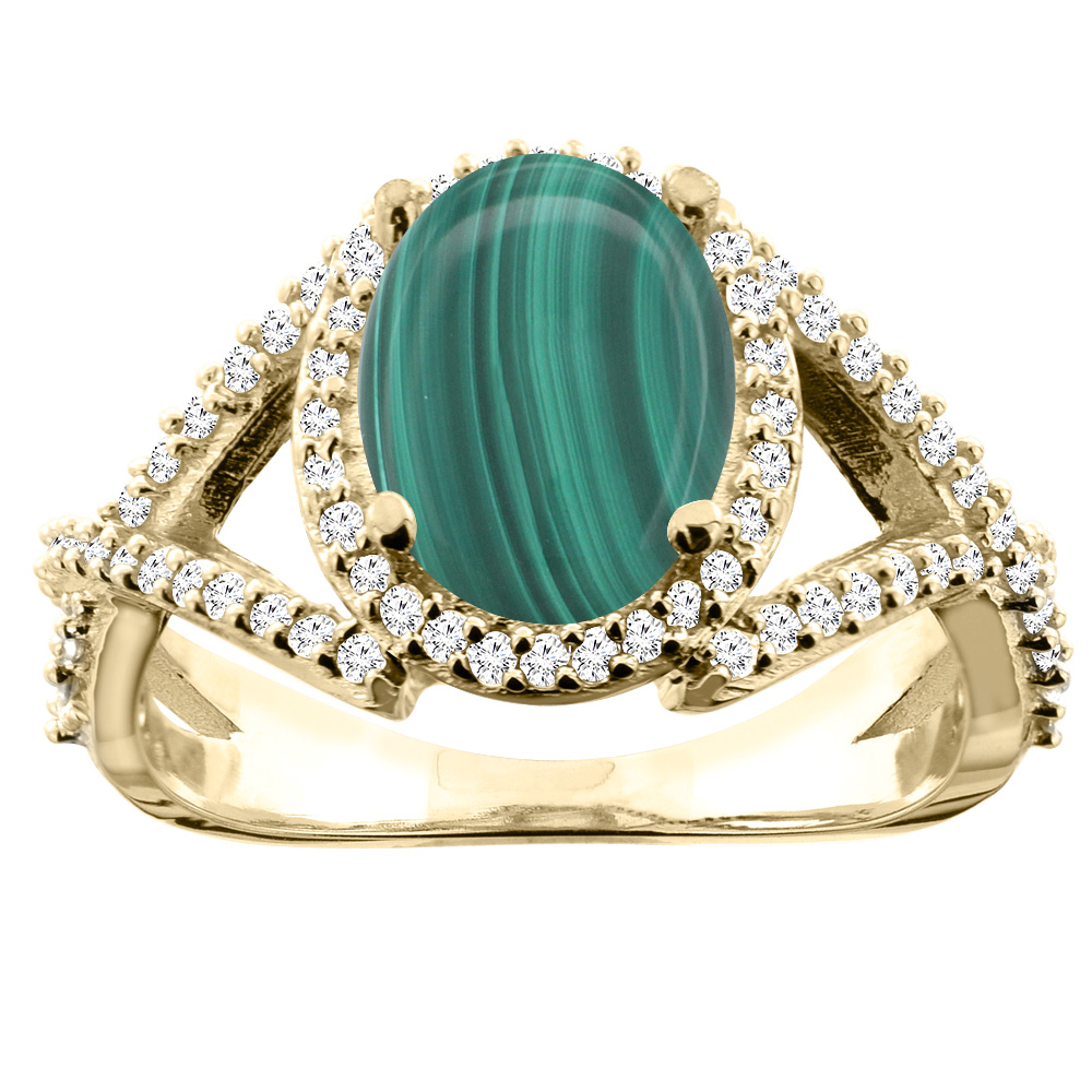 14K White/Yellow/Rose Gold Natural Malachite Ring Oval 10x8mm Diamond Accent, sizes 5 - 10