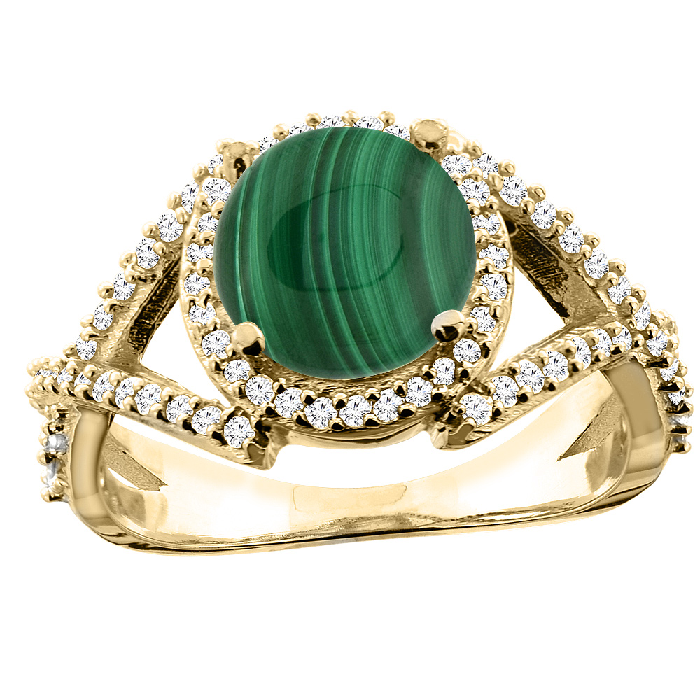 14K White/Yellow/Rose Gold Natural Malachite Ring Round 8mm Diamond Accent, size 5