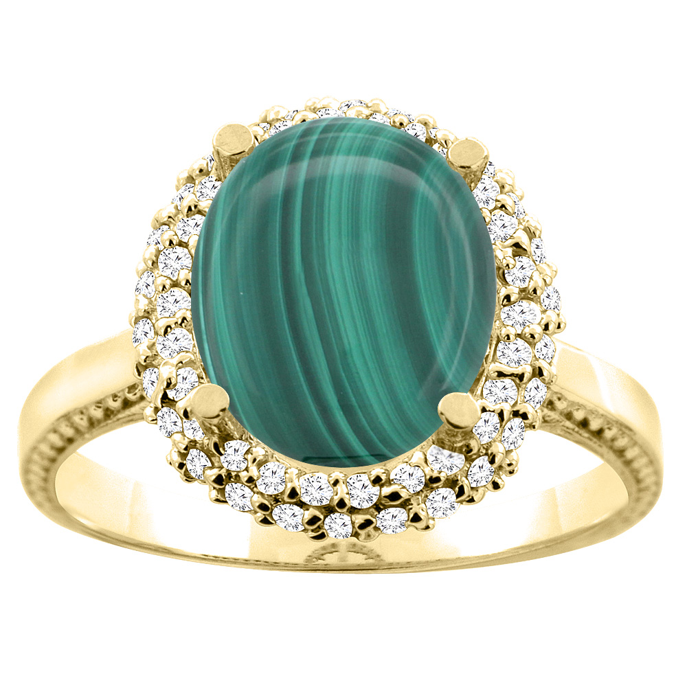 14K White/Yellow Gold Natural Malachite Double Halo Ring Oval 10x8mm Diamond Accent, sizes 5 - 10