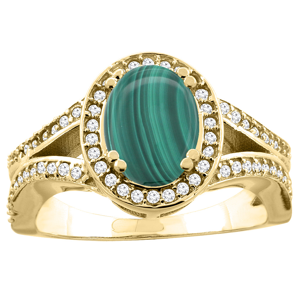14k Gold Diamond Halo Genuine Malachite Ring Split Shank Oval 8x6mm, size 5-10